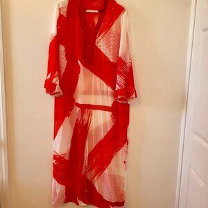 Multi color Red Print Long sheer Beach Kaftan Dress NWOT